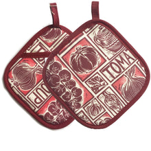 Load image into Gallery viewer, pair of tomato soup illustrated recipe pot holders printed in the UK on organic cotton Kate Guy Prints
