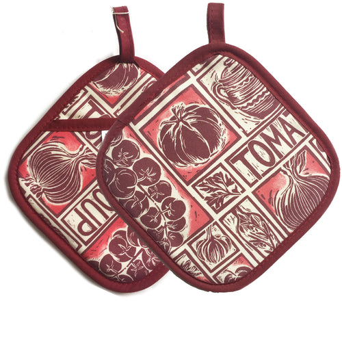 pair of tomato soup illustrated recipe pot holders printed in the UK on organic cotton Kate Guy Prints