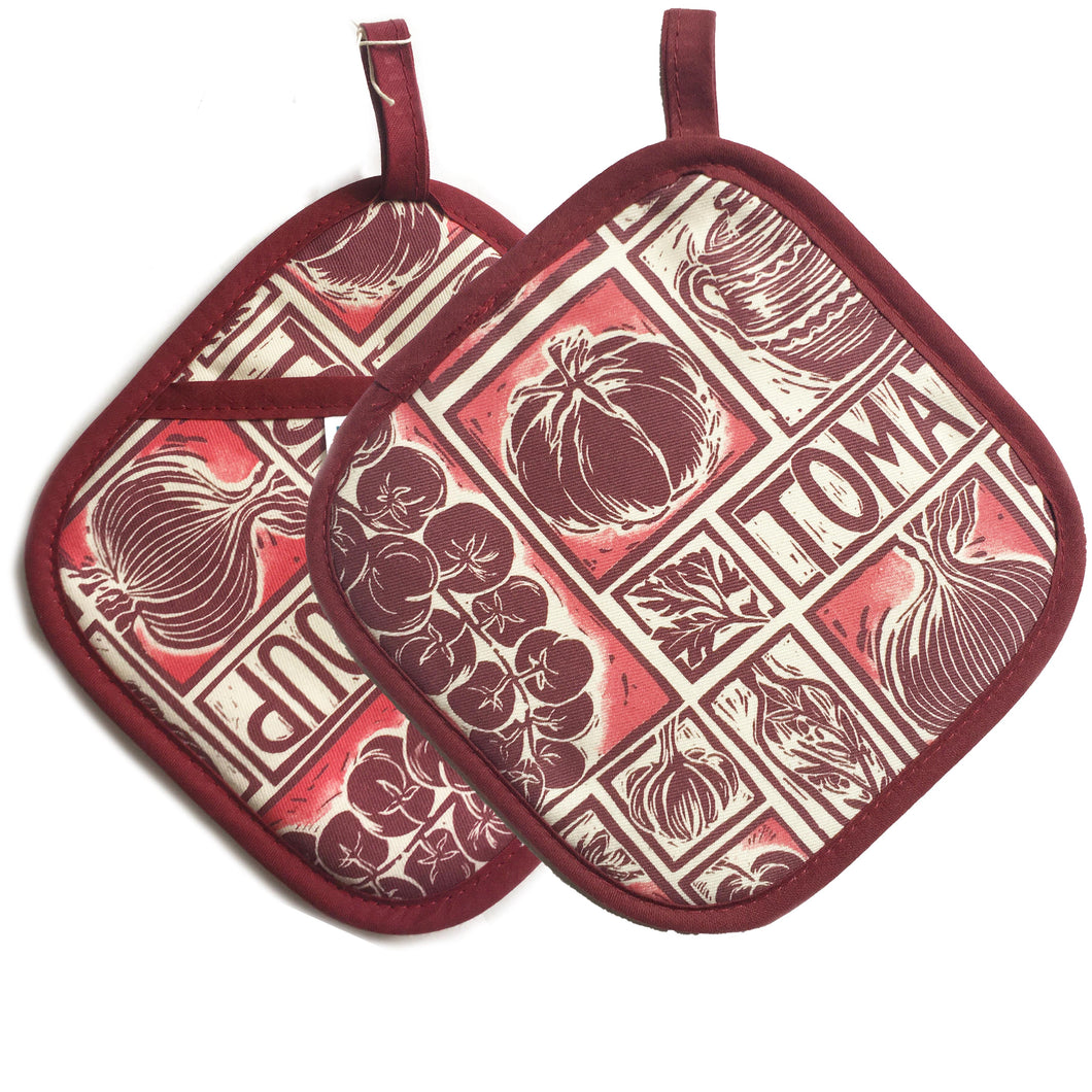 pair of tomato soup illustrated recipe pot holders printed in the UK on organic cotton Kate Guy Prints