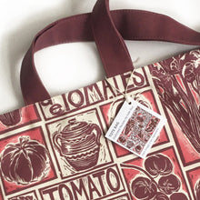 Load image into Gallery viewer, Tomato Soup Illustrated Recipe long handled tote bag lino cut design by Kate Guy
