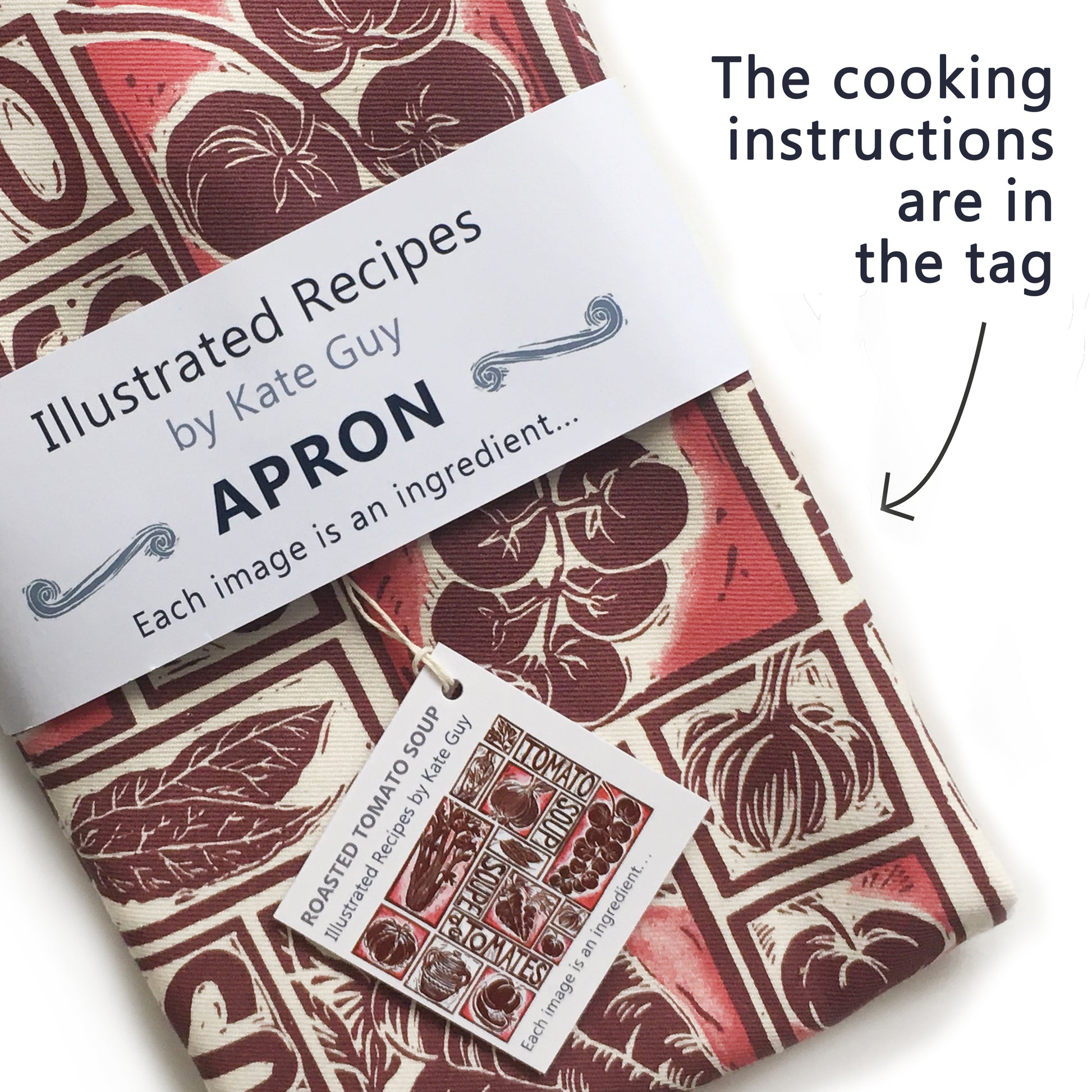 Roasted Tomato Soup Illustrated Recipe apron lino cut by Kate Guy