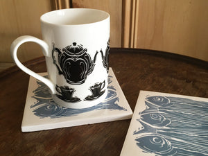 Sardines lino cut handmade tile trivet by Kate Guy