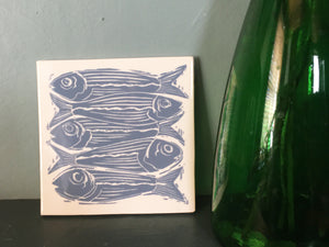 Sardines lino cut handmade tile trivet by Kate Guy