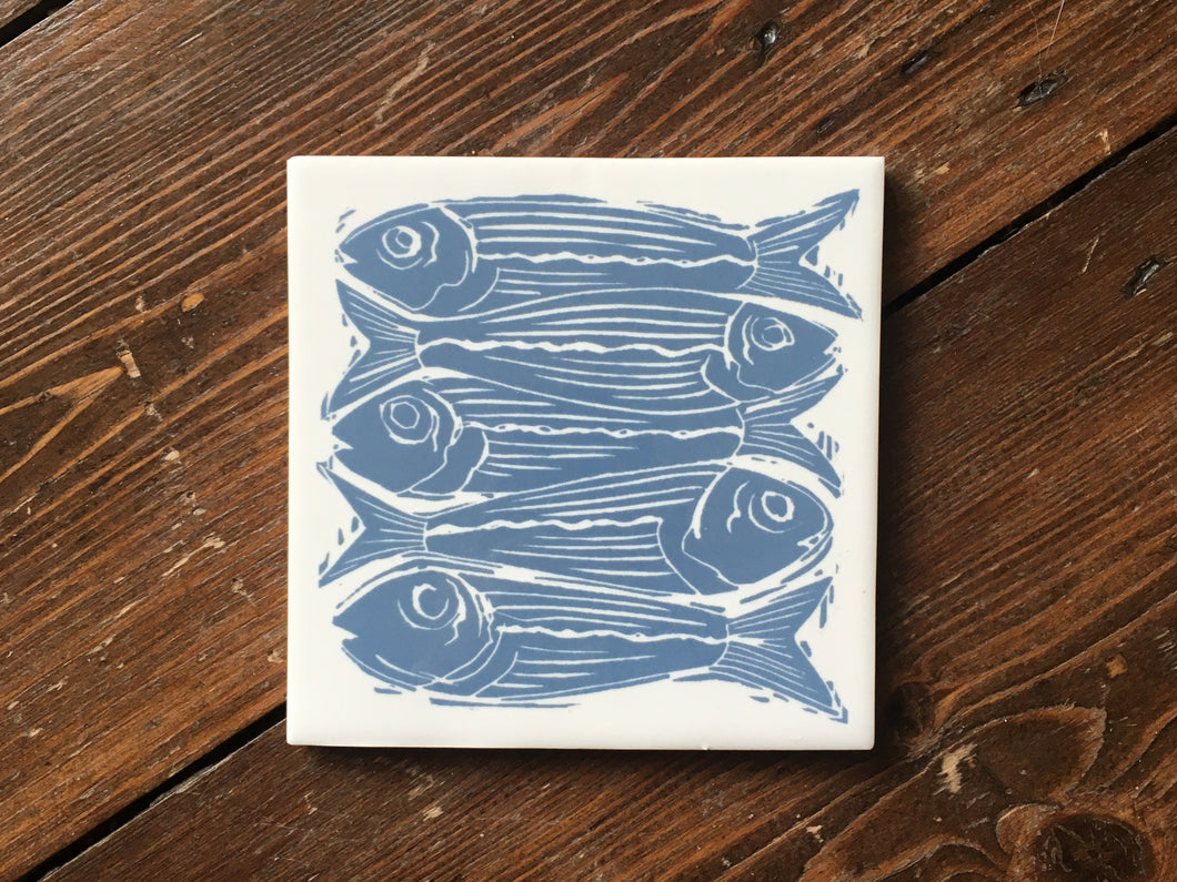 Sardines lino cut handmade tile trivet by Kate Guy
