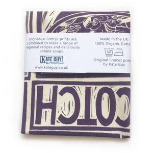 scottish Scotch Broth illustrated recipe tea towel packaging back lino cut by Kate Guy