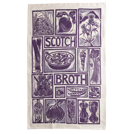 Scotch Broth illustrated recipe tea towel lino cut by Kate Guy