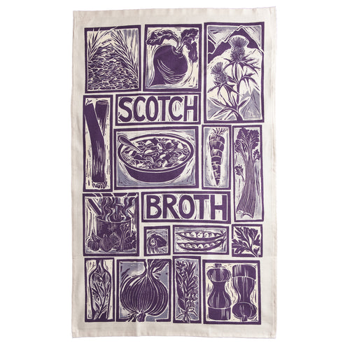 Scotch Broth illustrated recipe tea towel lino cut by Kate Guy