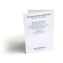 Load image into Gallery viewer, Scotch Broth Illustrated Recipe Greetings Card by Kate Guy each image is an ingredient the cooking instructions are on the back
