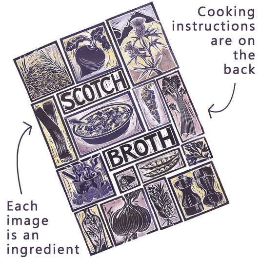 Scotch Broth Illustrated Recipe Greetings Card by Kate Guy each image is an ingredient the cooking instructions are on the back