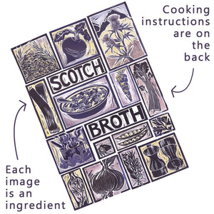Scotch Broth Illustrated Recipe Greetings Card by Kate Guy each image is an ingredient the cooking instructions are on the back