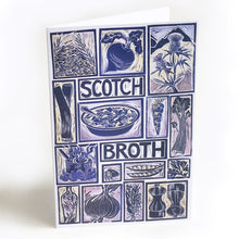 Load image into Gallery viewer, Scotch Broth Illustrated Recipe Greetings Card by Kate Guy each image is an ingredient the cooking instructions are on the back
