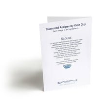 Load image into Gallery viewer, Scouse Illustrated Recipe Greetings Card by Kate Guy each image is an ingredient the cooking instructions are on the back
