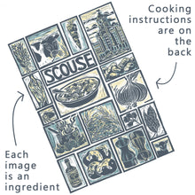 Load image into Gallery viewer, Scouse Illustrated Recipe Greetings Card by Kate Guy each image is an ingredient the cooking instructions are on the back
