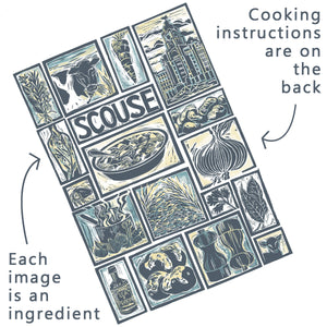 Scouse Illustrated Recipe Greetings Card by Kate Guy each image is an ingredient the cooking instructions are on the back