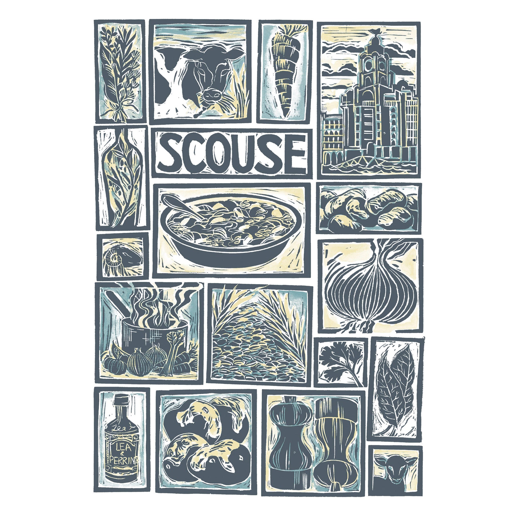 Scouse Illustrated Recipe Greetings Card by Kate Guy each image is an ingredient the cooking instructions are on the back