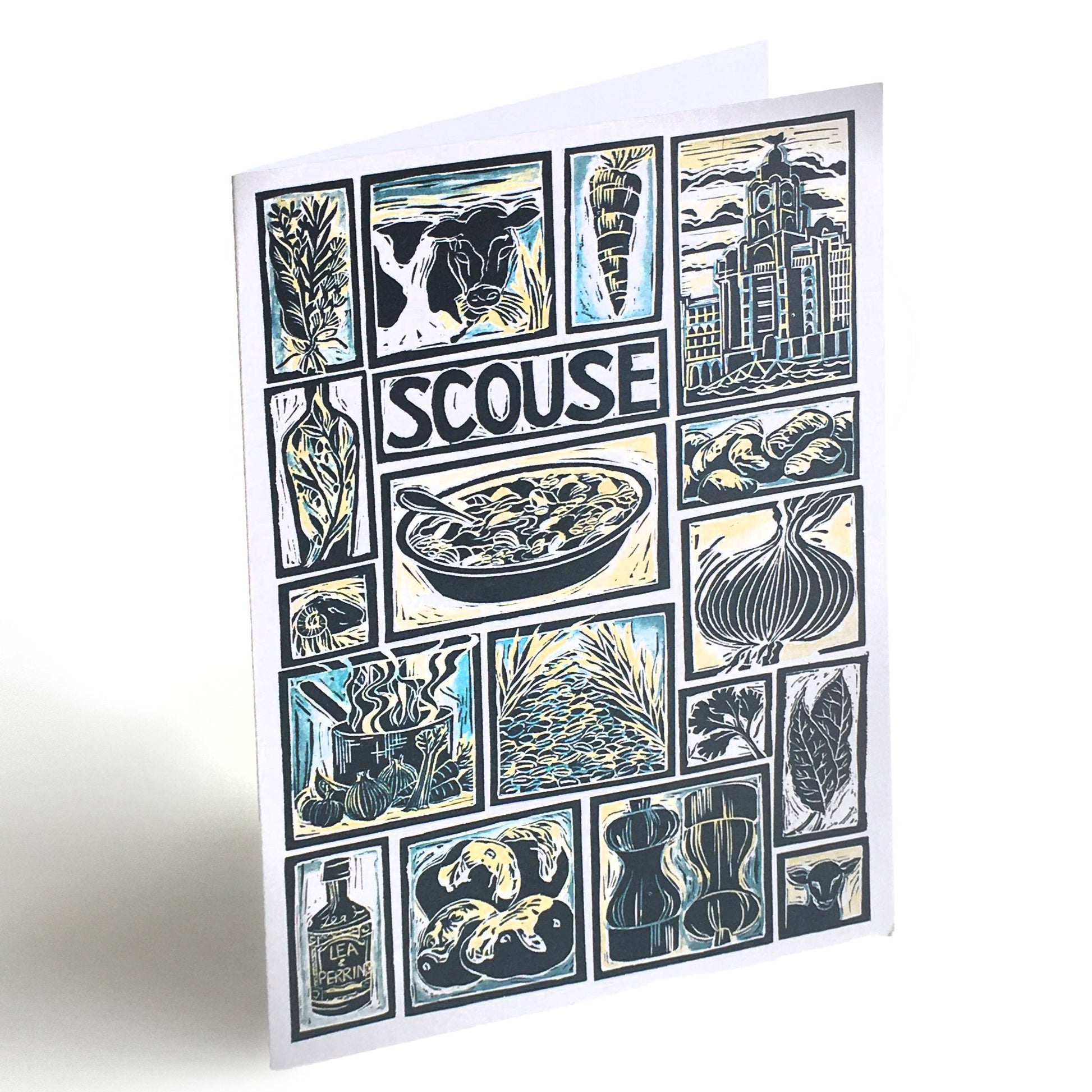 Scouse Illustrated Recipe Greetings Card by Kate Guy each image is an ingredient the cooking instructions are on the back