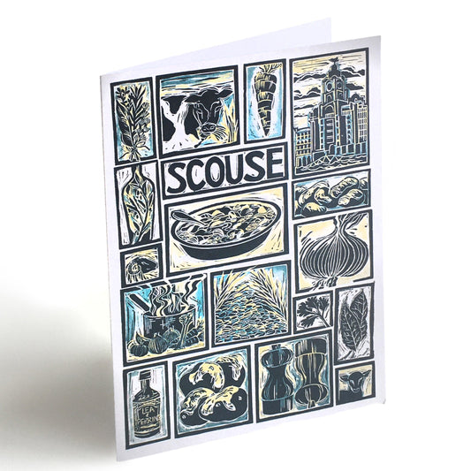 Scouse Illustrated Recipe Greetings Card by Kate Guy each image is an ingredient the cooking instructions are on the back