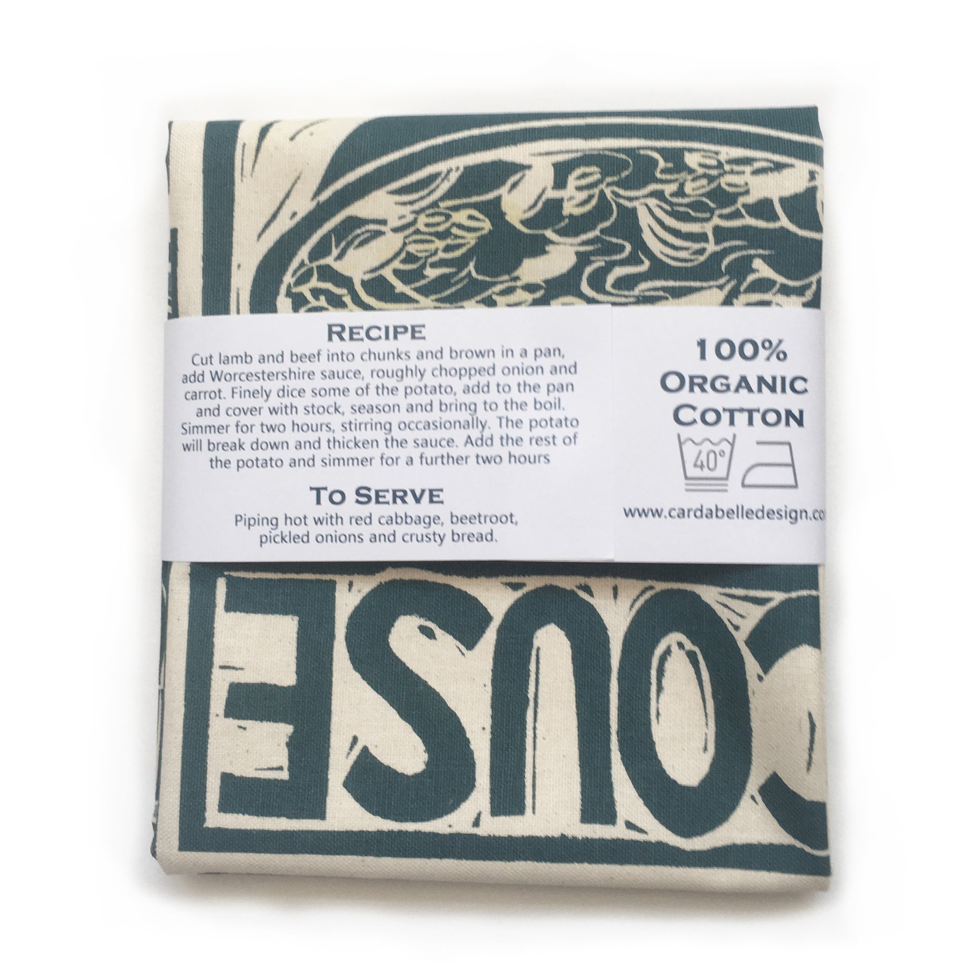 Scouse Illustrated Recipe tea towel lino cut by Kate Guy