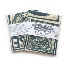 Load image into Gallery viewer, Scouse Illustrated Recipe tea towel lino cut by Kate Guy
