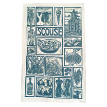 Load image into Gallery viewer, Scouse Illustrated Recipe tea towel lino cut by Kate Guy
