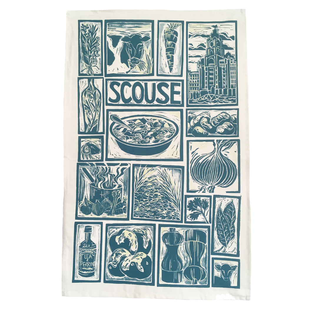 Scouse Illustrated Recipe tea towel lino cut by Kate Guy