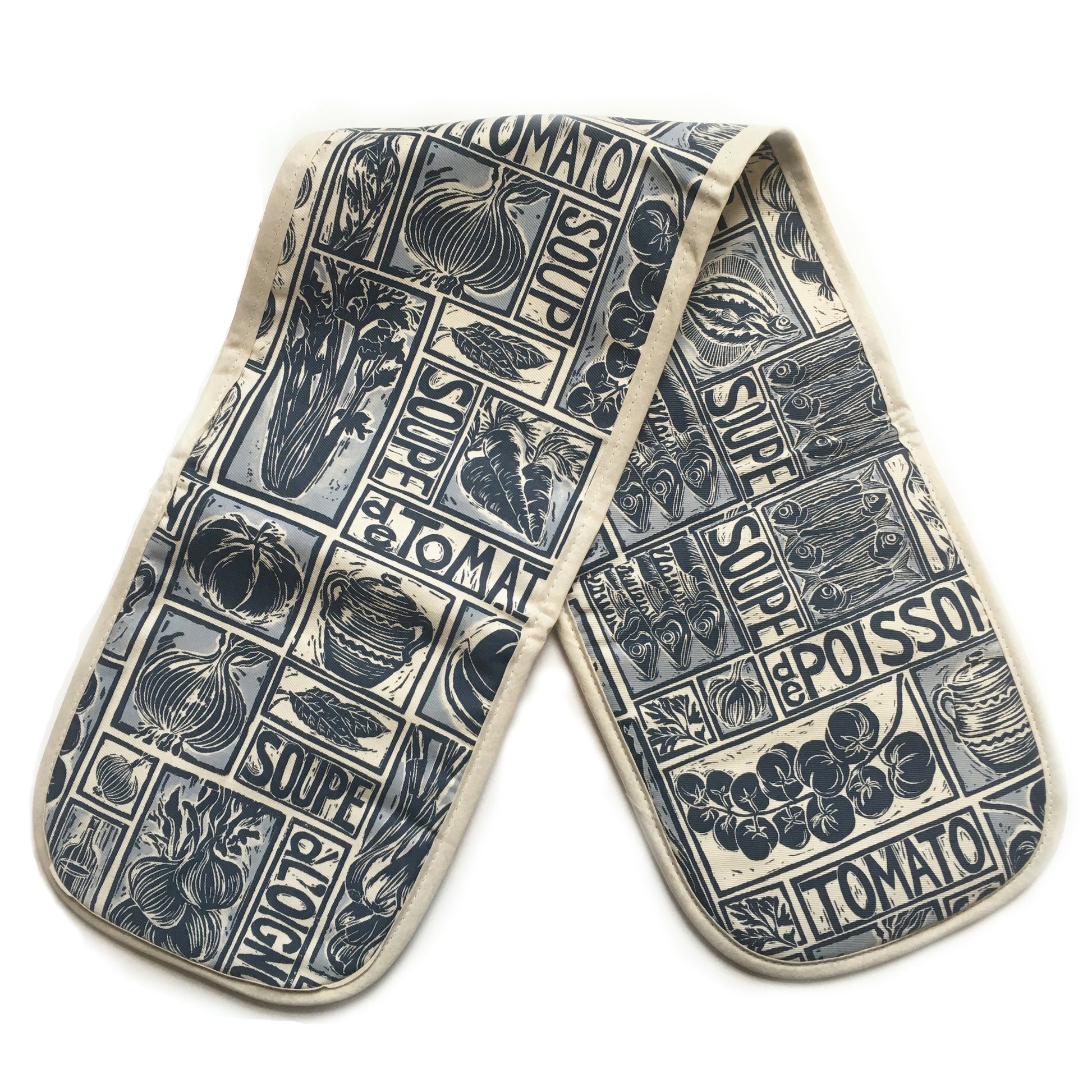 Simple Soups illustrated recipe organic cotton double oven glove lino cut by Kate Guy