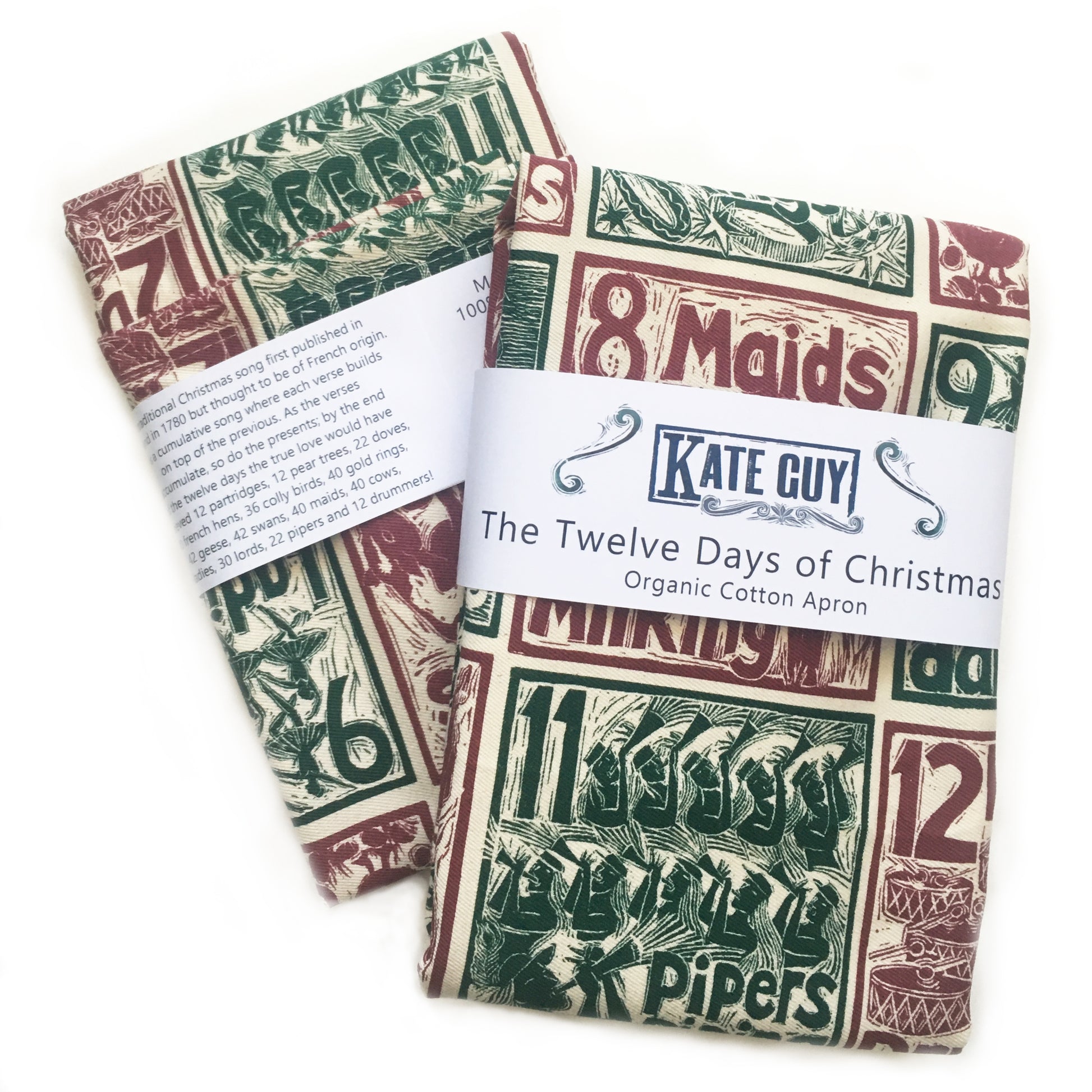 The Twelve days of Christmas organic cotton apron lino cut by Kate Guy