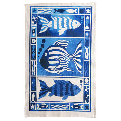 Striking blue fish design tea towel organic cotton by Kate Guy