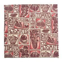 Load image into Gallery viewer, Tomato soup illustrated recipe napkins,, lino cut print by Kate Guy. Each image is an ingredient, cooking instructions are in on packaging
