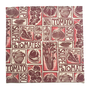 Tomato soup illustrated recipe napkins,, lino cut print by Kate Guy. Each image is an ingredient, cooking instructions are in on packaging