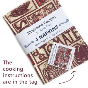 Tomato Soup illustrated recipe organic cotton napkins lino cut by Kate Guy comes with cooking instructions in the tag