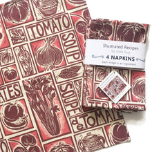 Load image into Gallery viewer, Tomato soup illustrated recipe napkins, set of four, lino cut print by Kate Guy. Each image is an ingredient, cooking instructions are in on packaging
