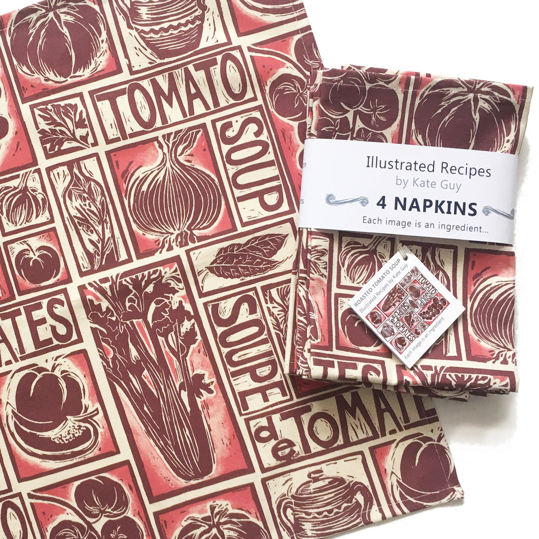 Tomato soup illustrated recipe napkins, set of four, lino cut print by Kate Guy. Each image is an ingredient, cooking instructions are in on packaging