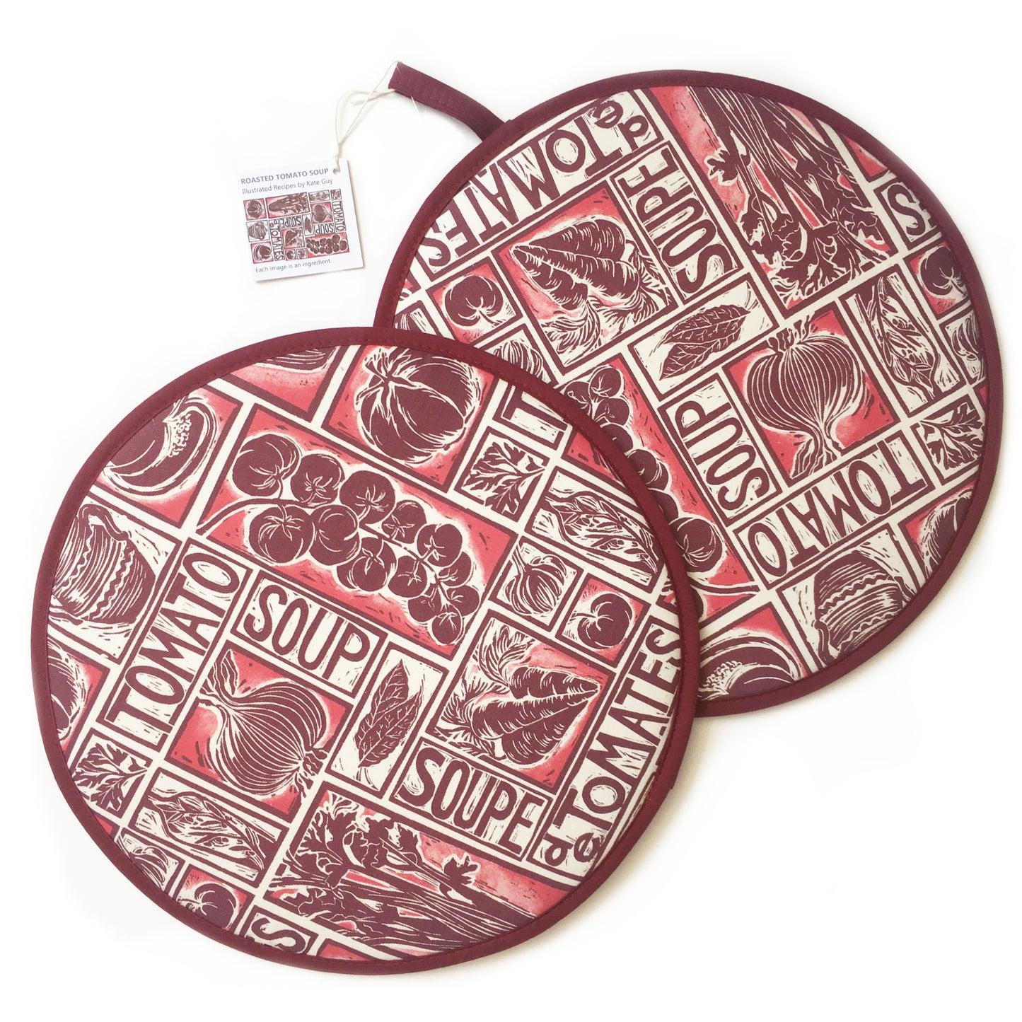 Tomato Soup illustrated recipe hob cover comes with cooking instructions,  lino cut print by Kate Guy