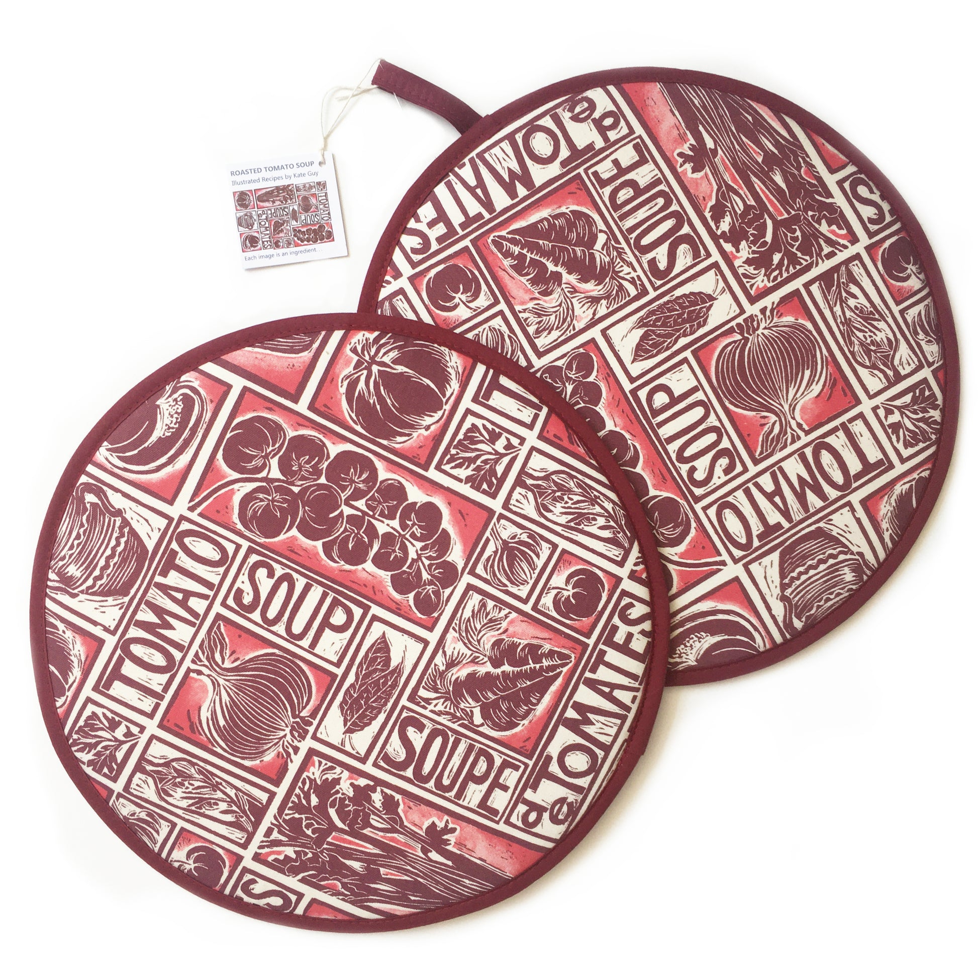 Tomato Soup illustrated recipe hob cover comes with cooking instructions,  lino cut print by Kate Guy