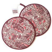 Load image into Gallery viewer, Tomato Soup illustrated recipe hob cover comes with cooking instructions,  lino cut print by Kate Guy
