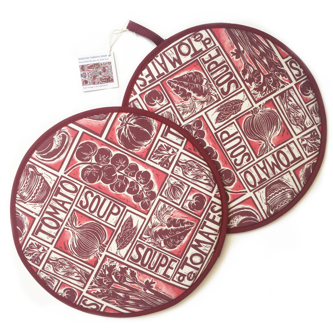 Tomato Soup illustrated recipe hob cover comes with cooking instructions,  lino cut print by Kate Guy