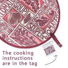 Load image into Gallery viewer, Tomato Soup illustrated recipe hob cover comes with cooking instructions,  lino cut print by Kate Guy

