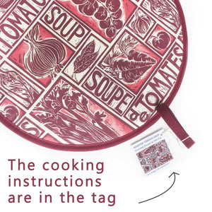 Tomato Soup illustrated recipe hob cover comes with cooking instructions,  lino cut print by Kate Guy