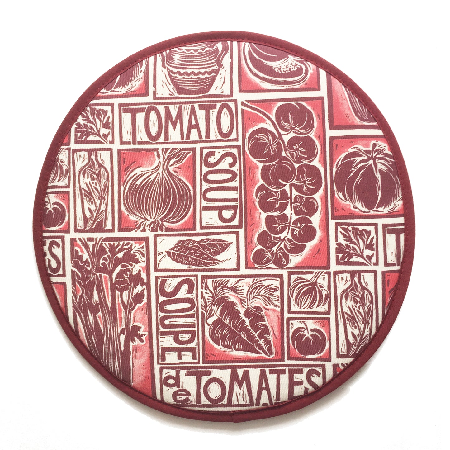 Tomato Soup illustrated recipe hob cover comes with cooking instructions,  lino cut print by Kate Guy