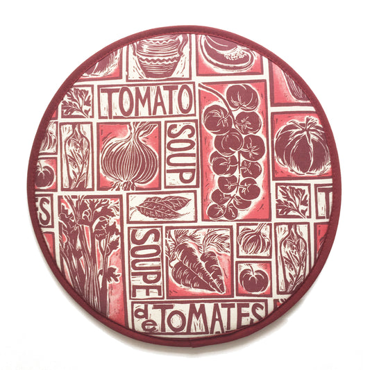 Tomato Soup illustrated recipe hob cover comes with cooking instructions,  lino cut print by Kate Guy