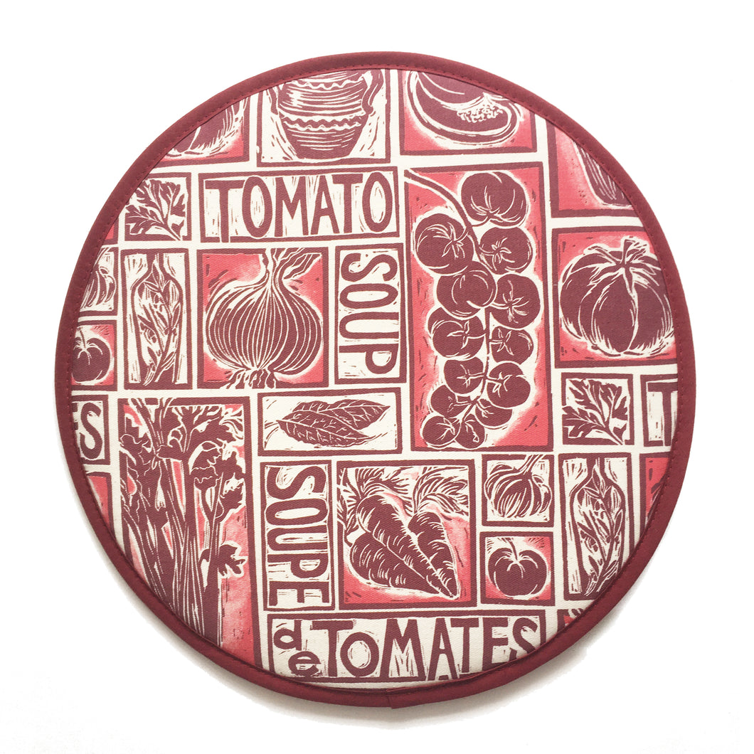 Tomato Soup illustrated recipe hob cover comes with cooking instructions,  lino cut print by Kate Guy