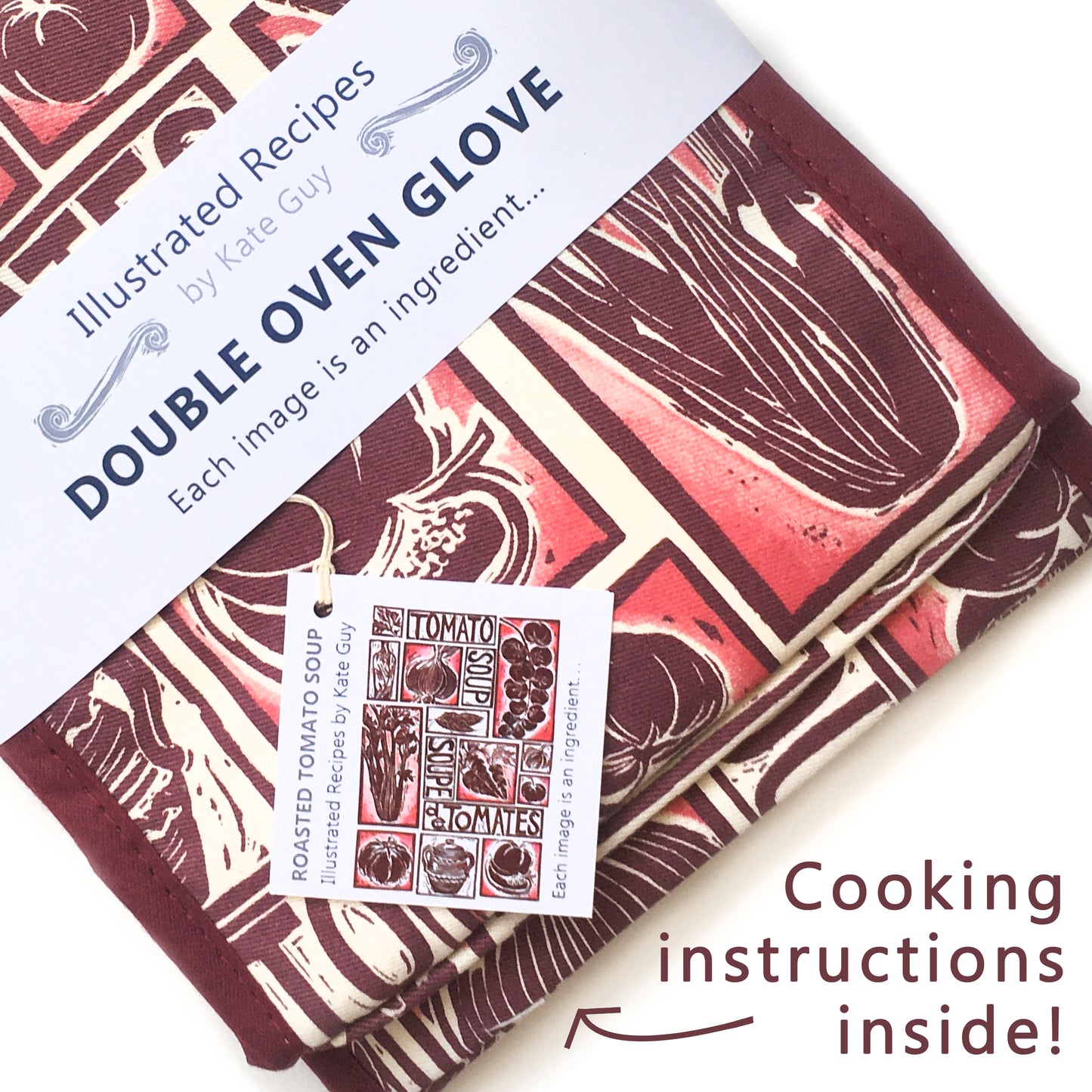 Tomato Soup illustrated recipe double oven glove comes with cooking instructions,  lino cut print by Kate Guy