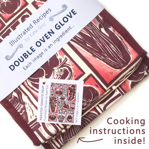 Tomato Soup illustrated recipe double oven glove comes with cooking instructions,  lino cut print by Kate Guy