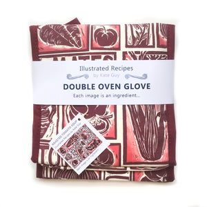 Tomato Soup illustrated recipe double oven glove comes with cooking instructions,  lino cut print by Kate Guy