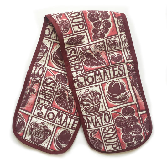 Tomato Soup illustrated recipe double oven glove comes with cooking instructions,  lino cut print by Kate Guy