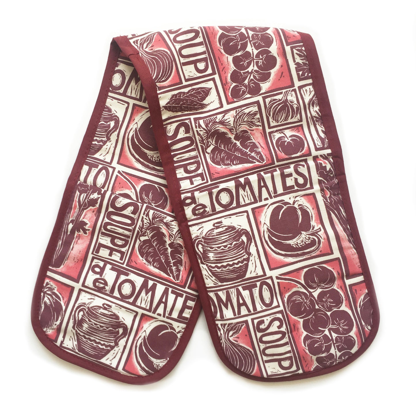 tomato soup illustrated recipe gift set tea towel apron and oven gloves lino cuts by Kate Guy Prints