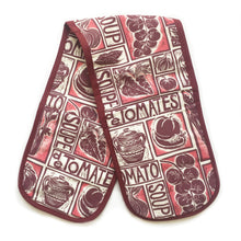 Load image into Gallery viewer, tomato soup illustrated recipe gift set tea towel apron and oven gloves lino cuts by Kate Guy Prints
