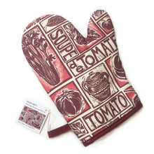 Load image into Gallery viewer, Pair of Illustrated Recipe Oven Mitts, with cooking instructions in the tag
