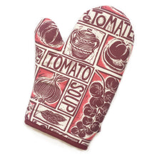 Load image into Gallery viewer, Tomato Soup illustrated recipe oven mitt comes with cooking instructions,  lino cut print by Kate Guy
